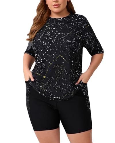 Halcurt Women Plus Size Rash Guard Set Short Sleeve Built in Bra Swimsuit Two Piece Bathing Suit Shirt and Shorts Black Galaxy 1X