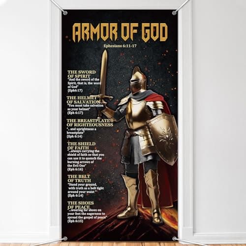 Blulu Armor of God Door Cover 71 x 35 Inch Armor Knight Door Banner Fabric Medieval Themed Wall Sign Christian Catholic Knight Photo Background with Rope for Medieval Party Indoor Outdoor Decor