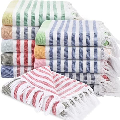 Oudain 10 Pcs Turkish Beach Towels Bulk Cotton Quick Dry 71 x 40 Inch Lightweight Sand Free Pool Towel with Tassel Striped for Shower Gym Yoga(Stylish Colors)