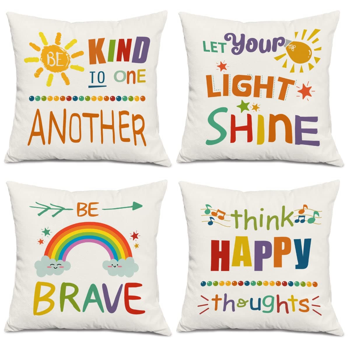 Colourful Words Inspirational Quotes Rainbow Sun Be Kind Brave Happy Sunshine Decorative Classroom Throw Pillow Cover Cushion Case for Kids GiftsHome Sofa Bed Playroom Decor 18 x18 Inch Set Of 4