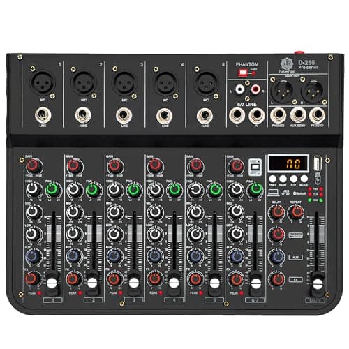 DIGIMORE 7 Channel Audio Mixer with USB & BT Playback | 48V Phantom Power | Stereo XLR Outs | Delay & Reverb Effects | Ideal for Stage, Live Gigs, and Karaoke (D-255 PRO)