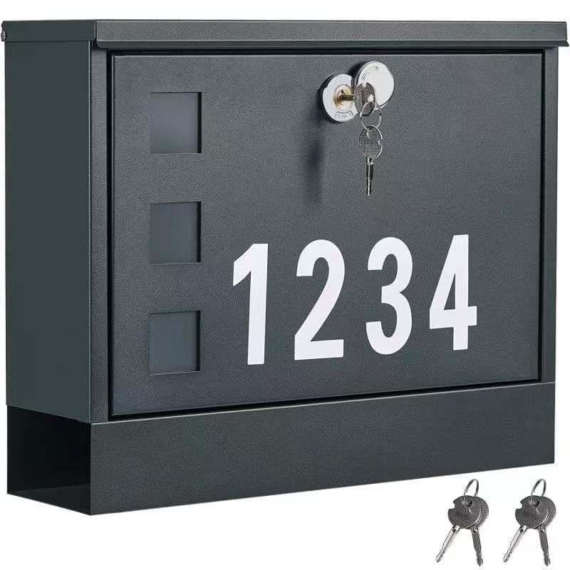 LANDVOI Locking Mailbox Wall Mounted Metal Postbox with Three Sets of Mail Box Number Stickers 4 Keys 144 x 45 x 112 Large Capacity Anthracite Gray AMB11G