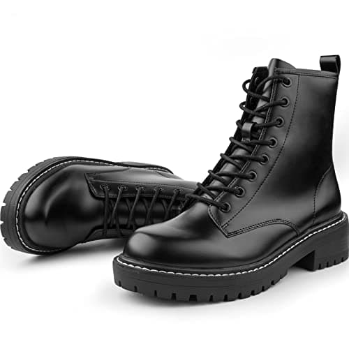 ICHIGO Women’s Fashion Ankle Booties Causal 8-Eye Side Zipper Lace-up Combat Boots(Black 6)