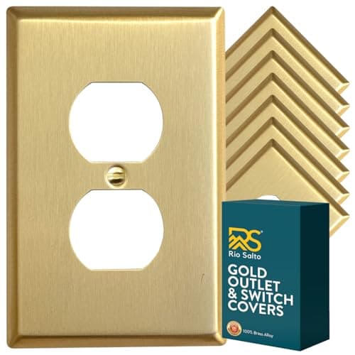 Rio Salto MIDSIZE BRASS Brushed Gold Metal Duplex Outlet Cover Receptacle Wall Plate Outlet Covers Light Switch Cover Switch Plate – Signature Collection Decorative Wall Plates 8-Pack 3.13" X 4.94"