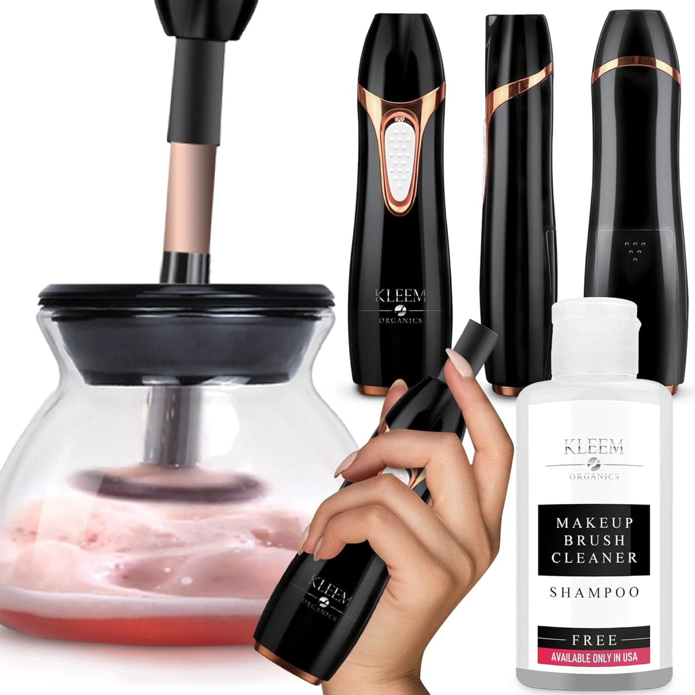 Kleem Organics Electric Makeup Brush Cleaner Machine with FREE Makeup Cleaner Shampoo - Automatic Cleaning, Spinning Dryer, Black, Dual-fiber Bristles, For Eyeshadow, Foundation