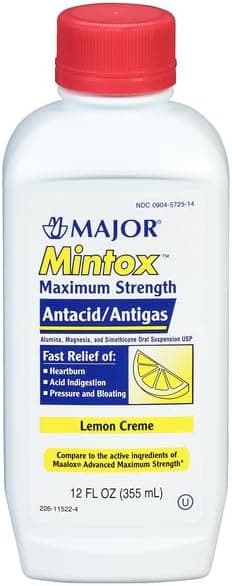 MAJOR Mintox Maximum Strength Antacid/Antigas for Fast Relief of Heartburn, Acid Indigestion, Pressure, Bloating - Lemon Creme - 12 Fl Oz (355 mL)