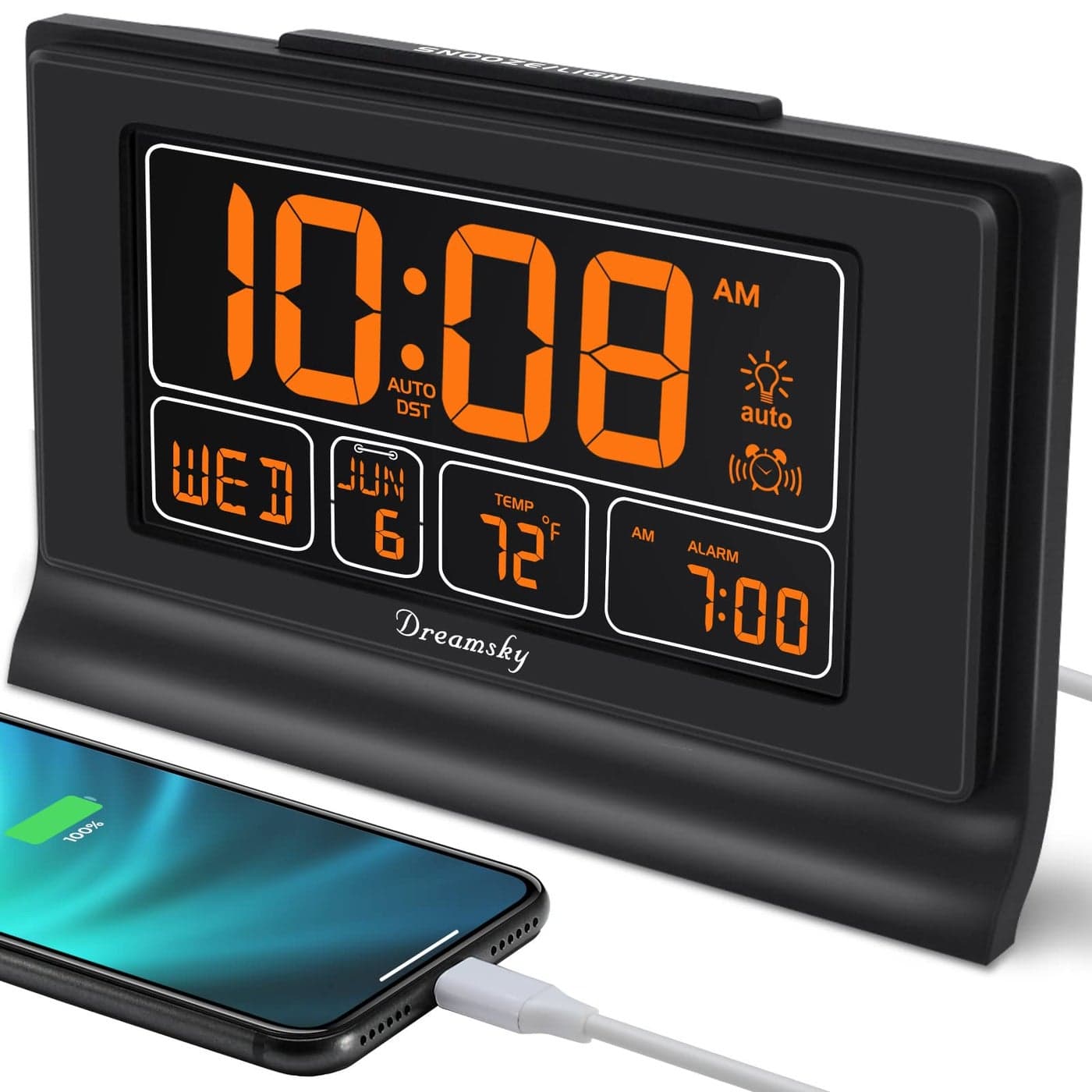 DreamSky Digital Alarm Clock with Battery Backup 5 Inch Large Display Auto Set Clock USB Charging Ports 1224H
