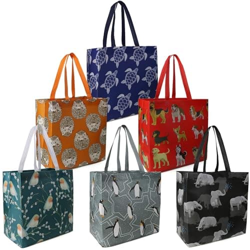 BeeGreen Animal Reusable Grocery Bags - W13*H13*D7 6 Packs Lightweight Shopping Totes with Long Handles, Water Resistant,Durable and Portable - Perfect for Groceries, Supermarket, Gifts, and More