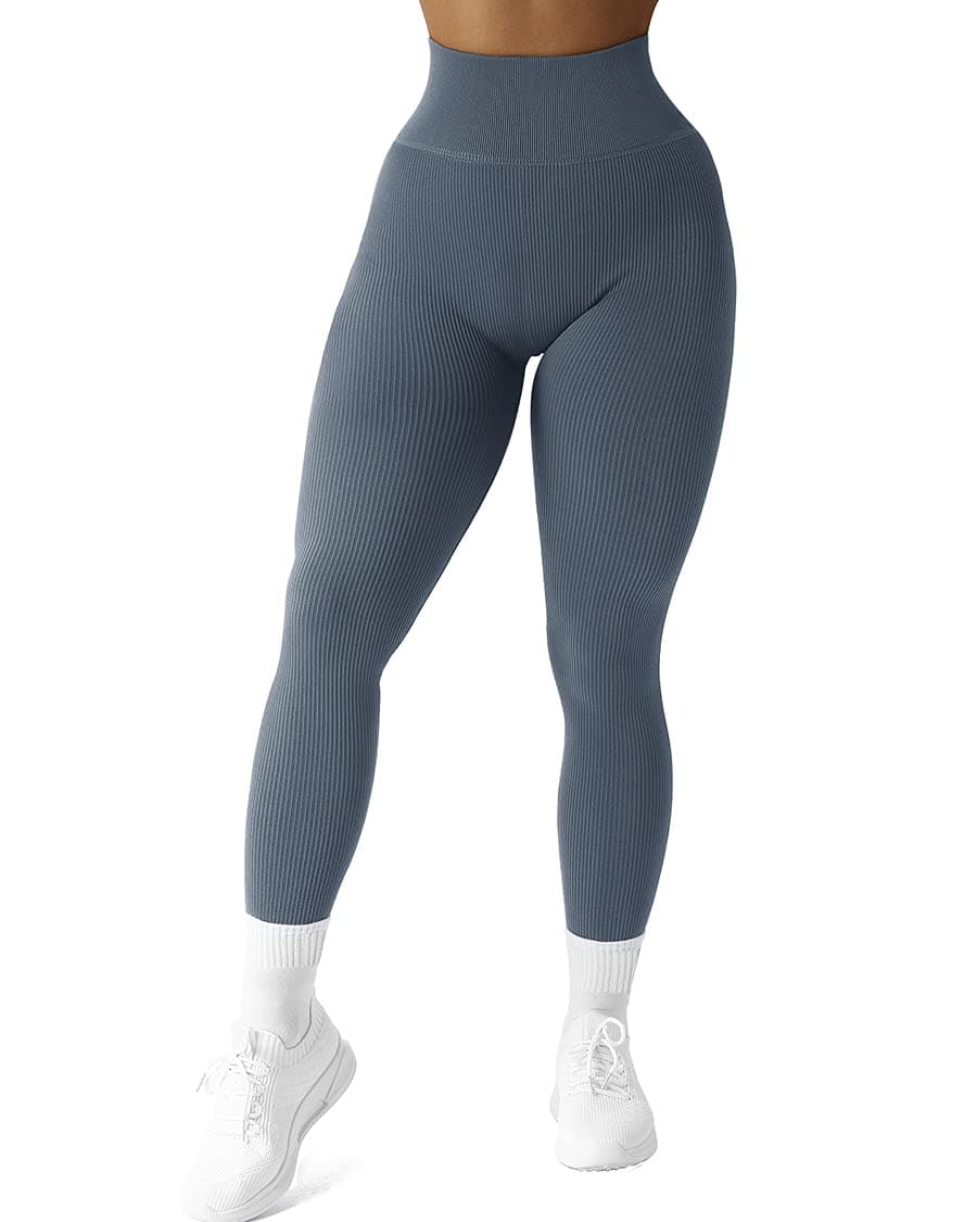 SUUKSESS Women Ribbed Seamless Leggings High Waisted Tummy Control Workout Yoga Pants (Navy Blue, L)