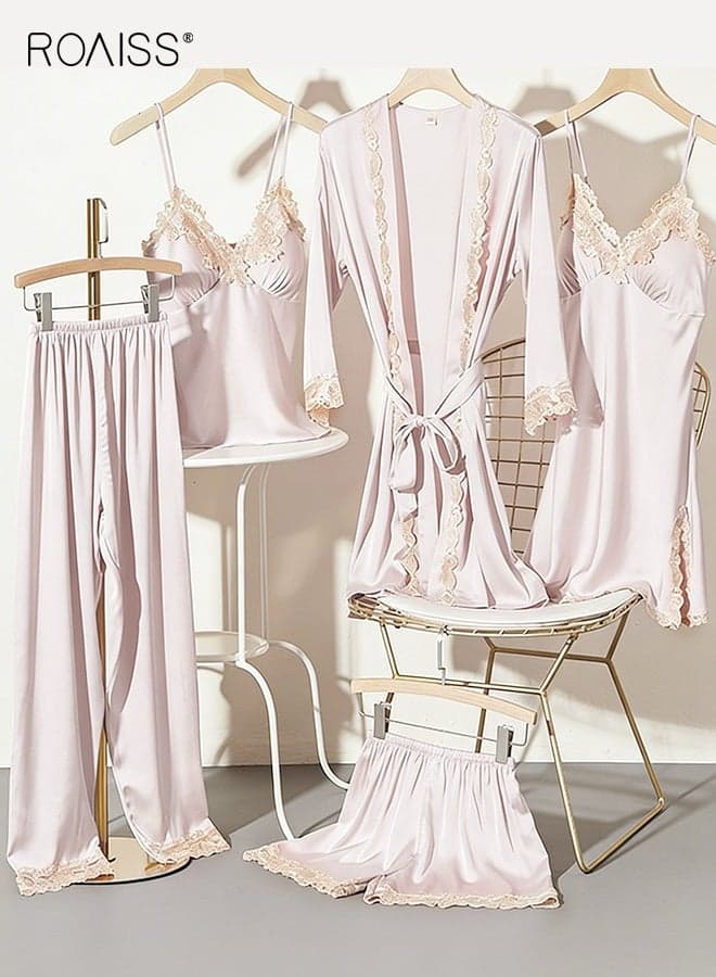 5-Pack Women's Pyjama Set Sling with Chest Pad Nightdress Sweet Sleepwear Home Wearing Clothes Suits Ladies Floral Printing Nightwear Lingerie Robe Underwear Shorts Summer Spring Pink