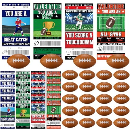 Realspring 24 Set Footballs Valentines Day Cards Gifts for Kids Classroom 24 Pcs Mini Foam Stress Football and 24 Pcs Class Exchange Card for Valentines Goodie Bag Stuffer School Sport Party Favors