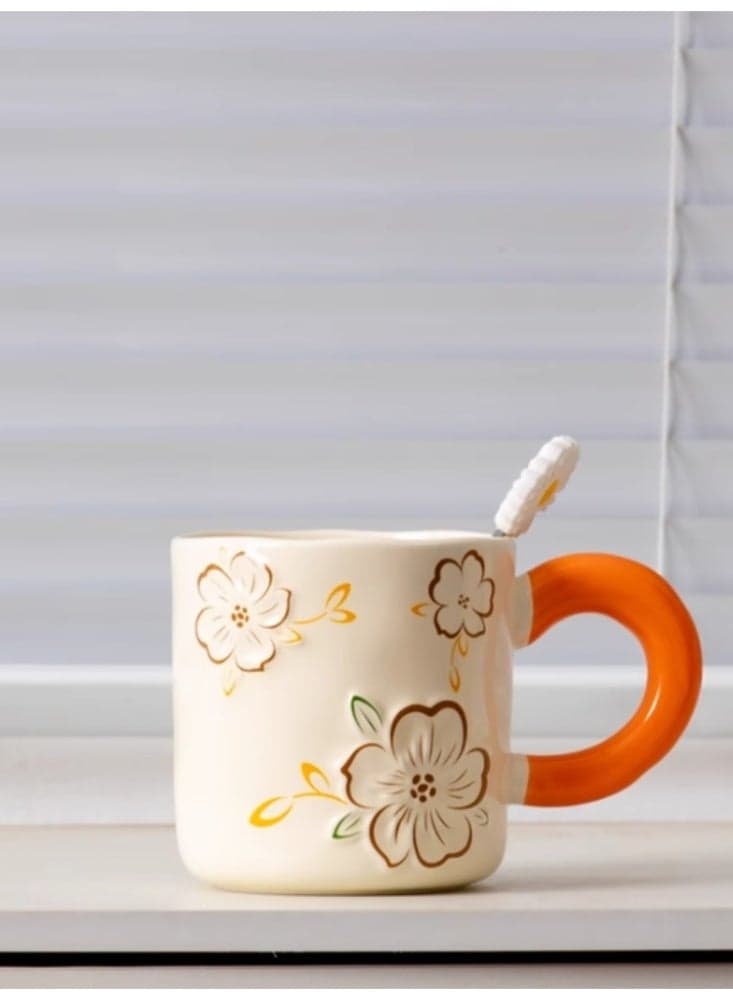 Relief Flower Ceramic Water Cup, Mug, Coffee Cup, Breakfast Milk Cup, Household Cup Orange