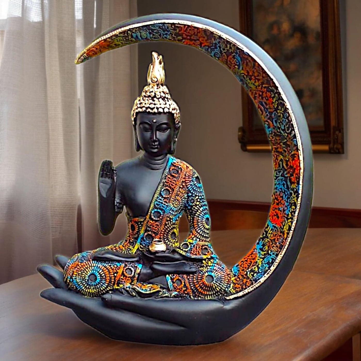 Karigaari Big Meditating Moon Buddha Statue Showpiece for Home DecorLiving RoomHouse WarmingOfficeGiftingBuddha Idol Polyresin Decorative Figurine 9 Inch 23 cm