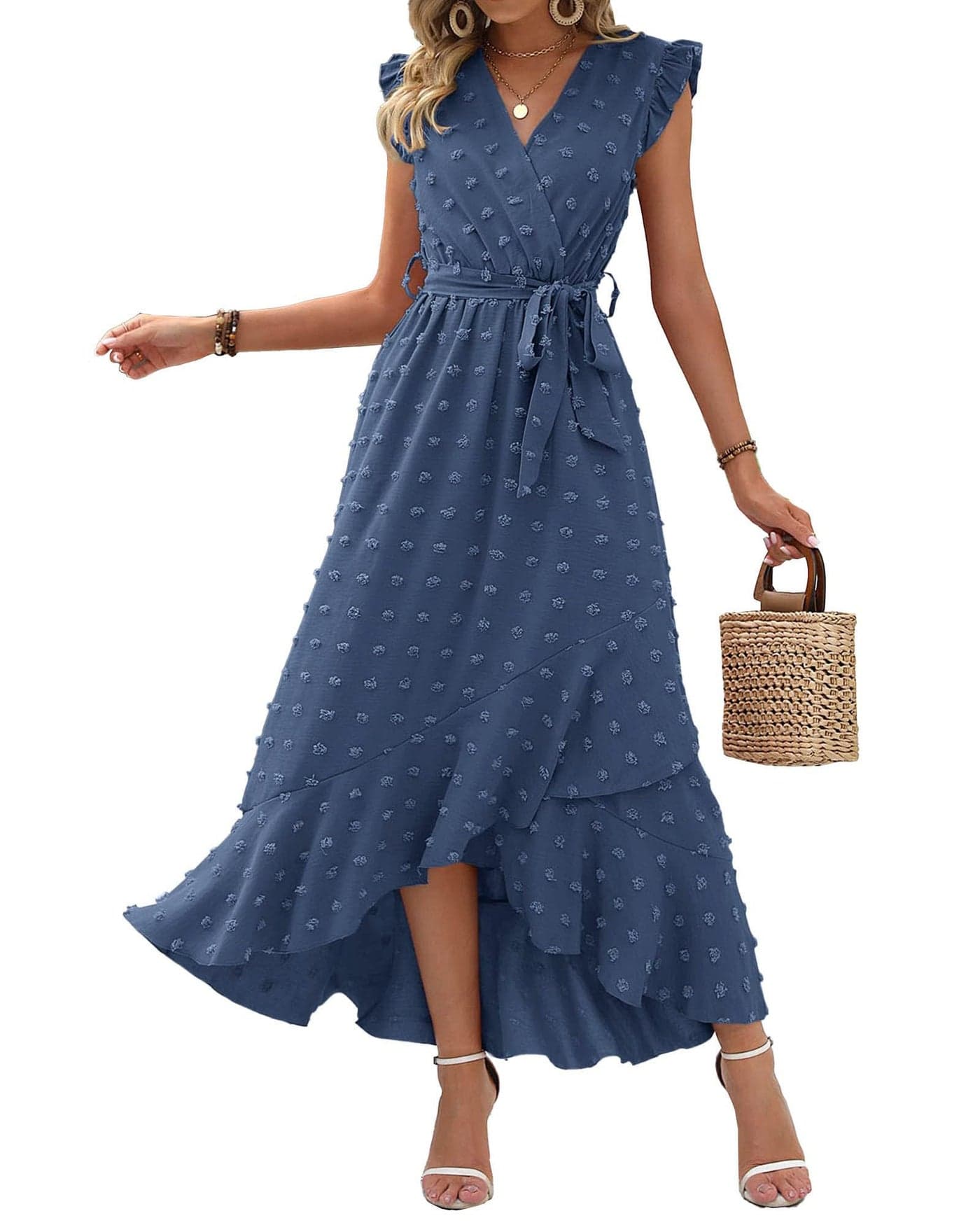 BTFBM Women V Neck Summer Dress 2025 Cap Sleeve Swiss Dot Boho Flowy Ruffle Slit Beach Party Long Maxi Cocktail Dresses(Blue, X-Large)