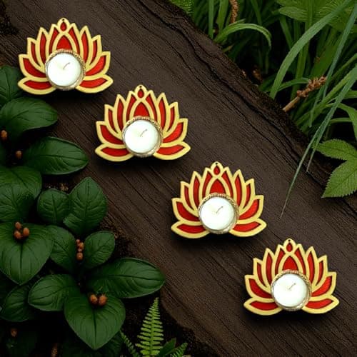 Designer Lotus Tealight Diya Set (Set of 4) | Decorative Candle Holder for Diwali, Pooja Mandir & Table Decor | Wooden Finish Lotus Diya for Festive Home Decoration & Gifting Size 4.5 * 4.5 Inch