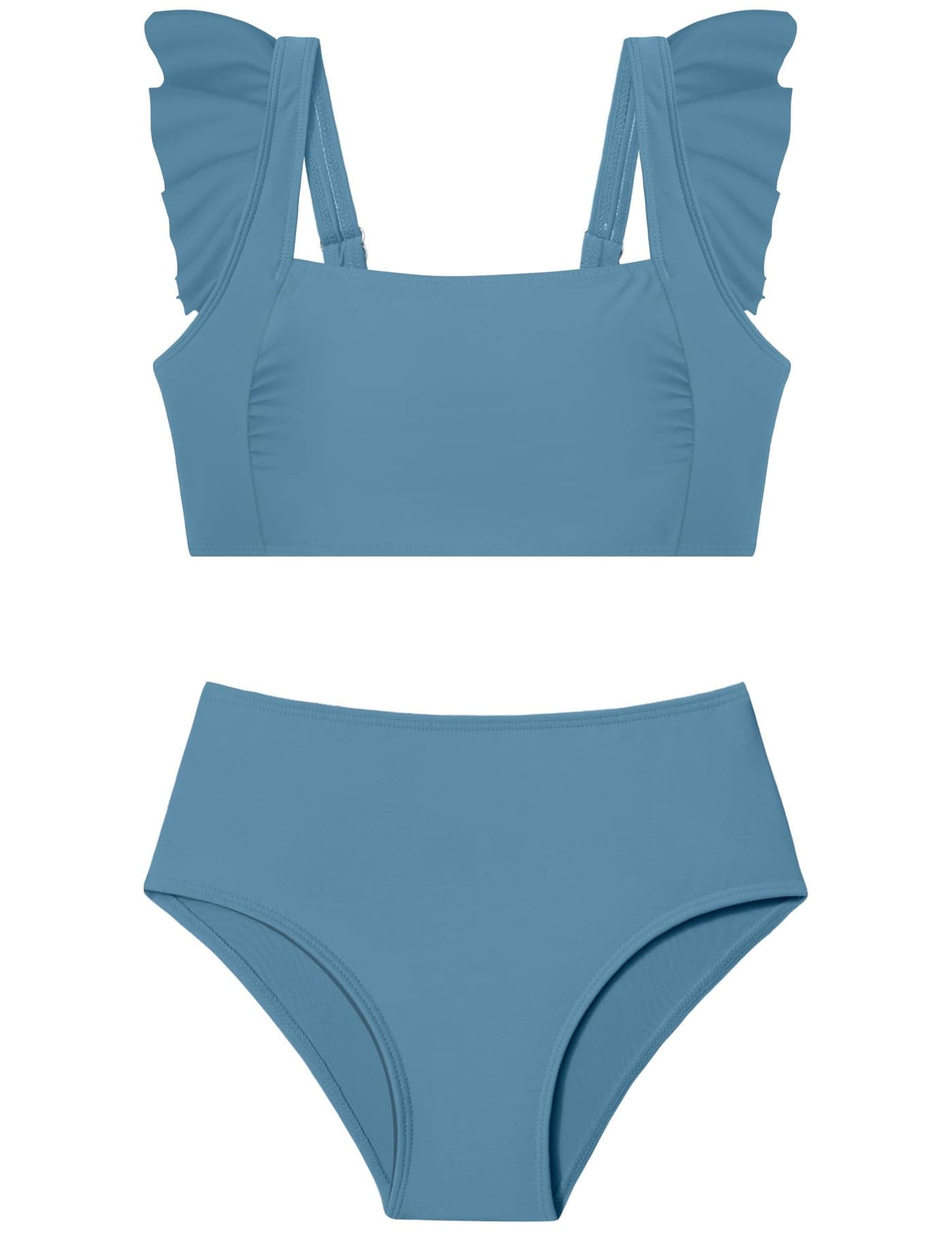 ZAANTI Teen Bathing Suits for Girls 12-14 Ruched Ruffle Trim Adjustable Shoulder Straps High Waist Girls Swimsuit with Shorts with Removable Chest Pad 2 Piece Swimsuit for Teens Blue