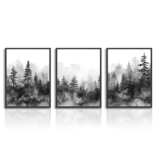 Dazzlewall Misty Forest Mountain Wall Decor Poster Black White Forest Landscape Wall Poster for Bedroom Living Room Decor 12x16 in Unframed Set of 3