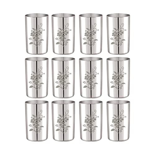 Neelam Stainless Steel 7.5, 22 Gauge Lazer Etching Amarpal Glass, 500 ml, Set of 12, Elegant and Durable Drinking Glass for Water, Juices, and Beverages, Ideal for Daily Use, Parties, Easy to Clean.