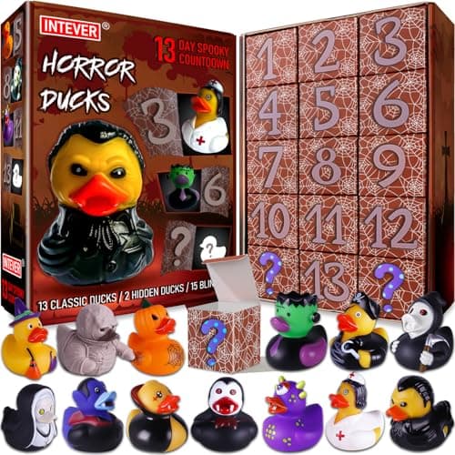 Intever Advent Calendar 2025 Horror Rubber Duckies 13 Days of Spooky Countdown with 2 Hidden Figures Christmas Collectible Rubber Ducks