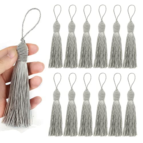 Fenghuangwu 30 Pieces Handmade Sewing Tassels for Crafts 5.7inch Silky Soft Tassels with 2.6inch Cord Loop for DIY Craft Accessory Decoration (Silver, 12 Pack)