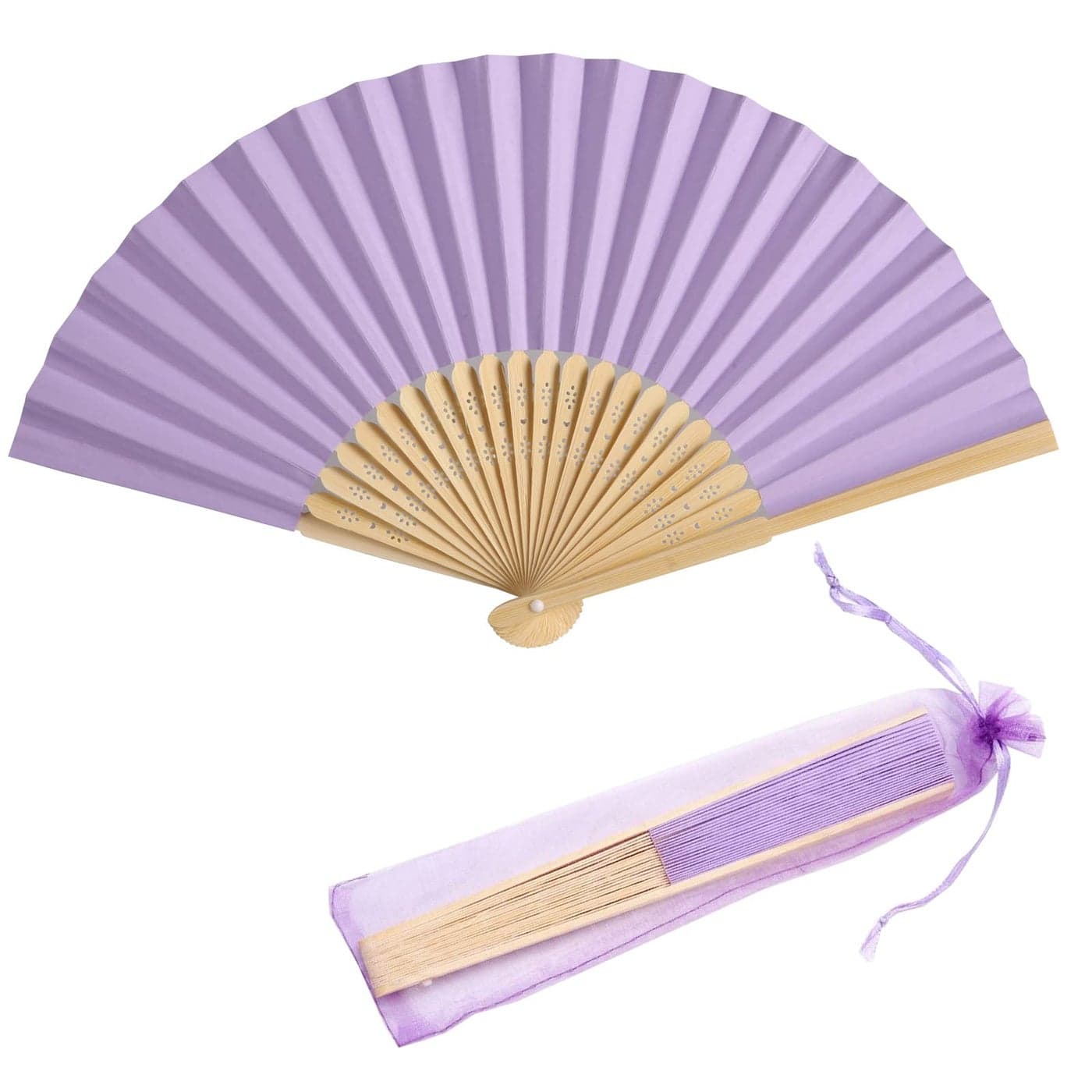 SL crafts 50pcs Paper Hand Fan with Organza Bags Bamboo Handheld Folding Fan DIY Decorative Wedding Party Favors Light Purple
