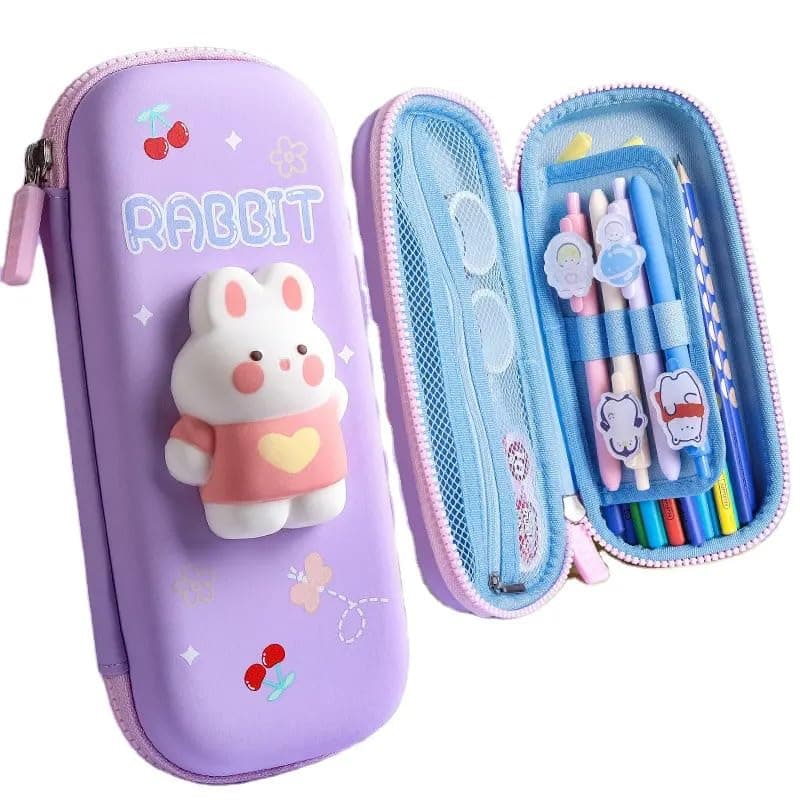 Parshya Plastic Eva 3D Small Pencil Case Pouch, Large Capacity Rabbit Pen And Pencil Bag With Compartment, Kawaii Stationery School Pouch With Zipper For Kids And Student - Purple