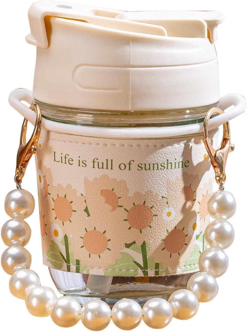 Glass Coffee Mugs with Pearl Chain Belt and Reusable Coffee Mug Travel Sipper Double Drink Straw Lids Sleeve for Kids Girls Durable Tumbler Juice Milk Smoothie Tea Cups (Drinking Cup-350ML)