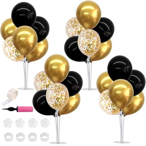 TONIFUL 4 Set Black Gold Balloon Centerpieces for TableBalloon Stand Kit for Black Gold Party Decor 40th 50th 60th 70th Birthday Decorations New Years Graduation Decorations 2025