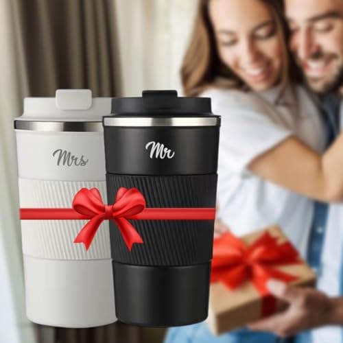 Giftana Mr and Mrs Gifts Coffee Tumbler Set of 2, Double Wall Stainless Steel Vacuum Insulated Travel Mugs Bridal Shower, Wedding Engagement Gifts for Couples, Bride and Groom, 510ml, Black and White