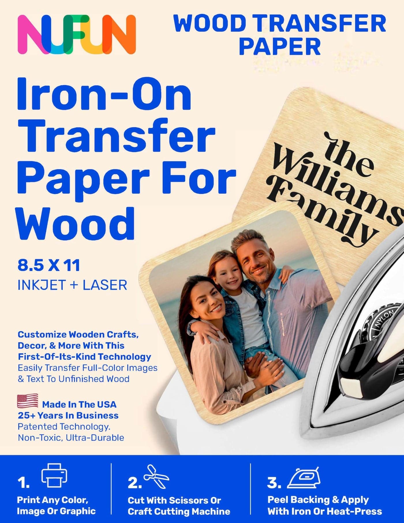 NuFun Activities Printable Ironon Heat Transfer Paper for Wood 10 Sheets 85 x 11 inch Long Lasting Durable Professional Quality Easy DIY NonToxic Made in The USA