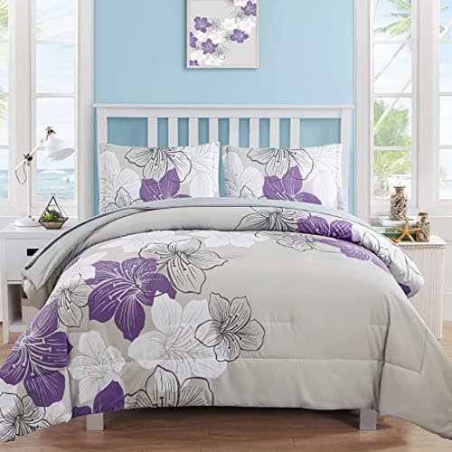 Purple Comforter Set Queen Size, Purple Floral Pattern Printed on Light Grey, Soft Microfiber 7 Pieces Bed in a Bag (1 Comforter, 2 Pillow Shams, 1 Flat Sheet, 1 Fitted Sheet, 2 Pillowcases)