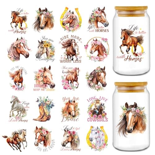 Rngmsi UV DTF Cup Wrap 20 Sheets Horse UVDTF Cup Wraps for 16 oz Glass Cups Waterproof Western Decals for Mugs Water Botters Flower Rub on Transfer Stickers DIY Crafts
