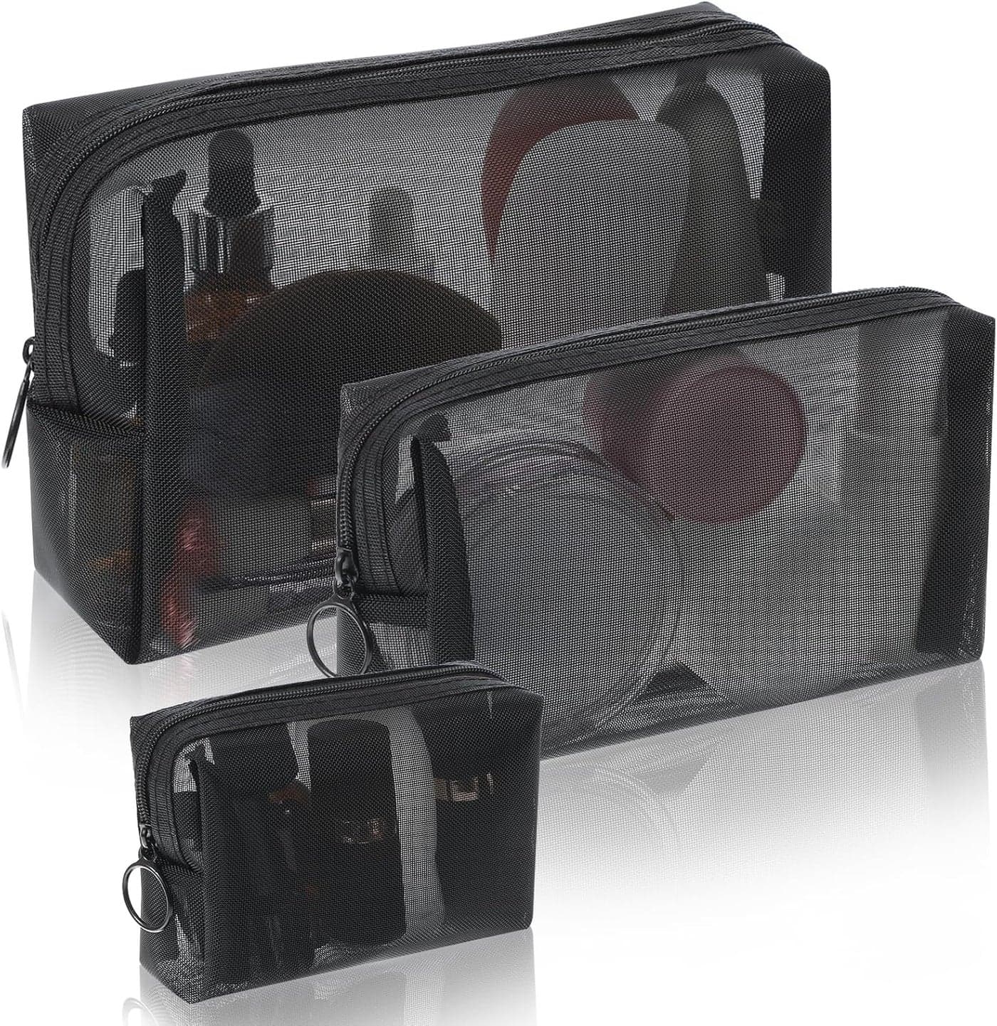 3Pcs Mesh Makeup Bags Mesh Cosmetic Bag Portable Toiletry Bag Travel Organizing Zipper Pouch Toiletries Makeup Pouches Black Breathable Mesh for Home Office Travel Accessories