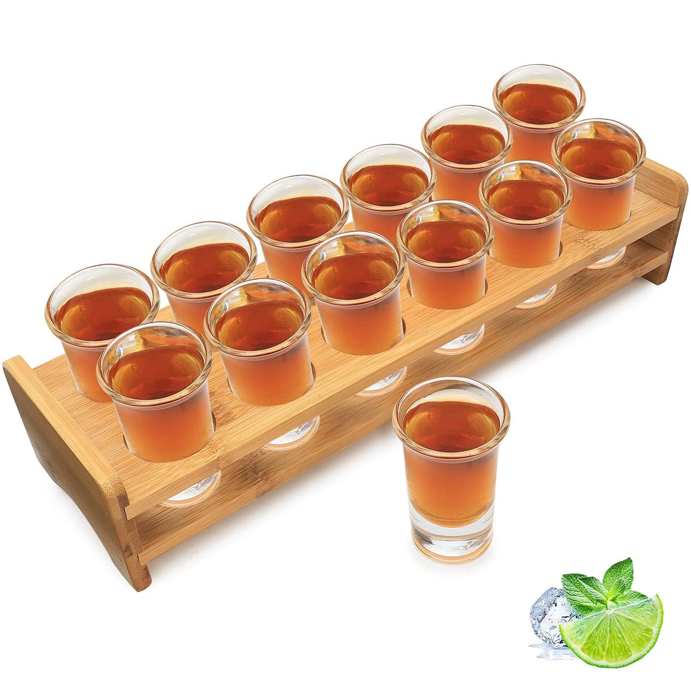 SuproBarware Shot Glass Set Bulk Cocktail Holder and Shot Glasses 1oz30ml Drinks Serving Board Organizer with Clear Crystal Glass 12 pcs for Liquor Shots Whisky Brandy Vodka Rum at Home Party Bar