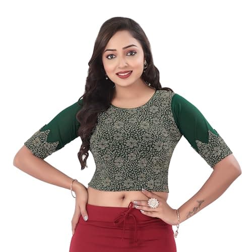 DESI GIRL - Round Neck Jacquard Regular Fit Saree Blouse for Women | Half Sleeve Readymade Stretchy Embroidered Design Festive Blouse Perfect for Saree, Lehenga, Kurti | Dark Green - 42