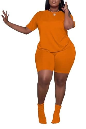 PINSV Women's Plus Size 2 Piece Outfits Tracksuits Short Sleeve Top Shorts Lounge Sets Sweatsuits Orange 4XL