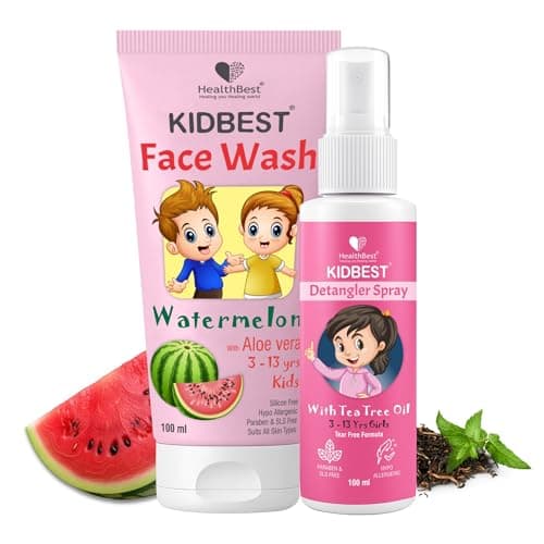 HealthBest Natural Kids Face Wash 100ml & Hair Detangler Spray 100ml Combo - Gentle Foaming Face Cleanser, Tangle-Free Spray for Smooth, Shiny Hair | Tear, Sulfate and Paraben-Free