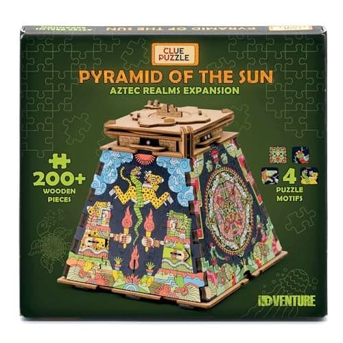 iDventure Cluepuzzle Pyramid of The Sun Wooden 3D Puzzle Escape Room Box Sequential Riddles with Hidden Treasure Fun Family Game Night Activity for Ages 10 Extension Aztek