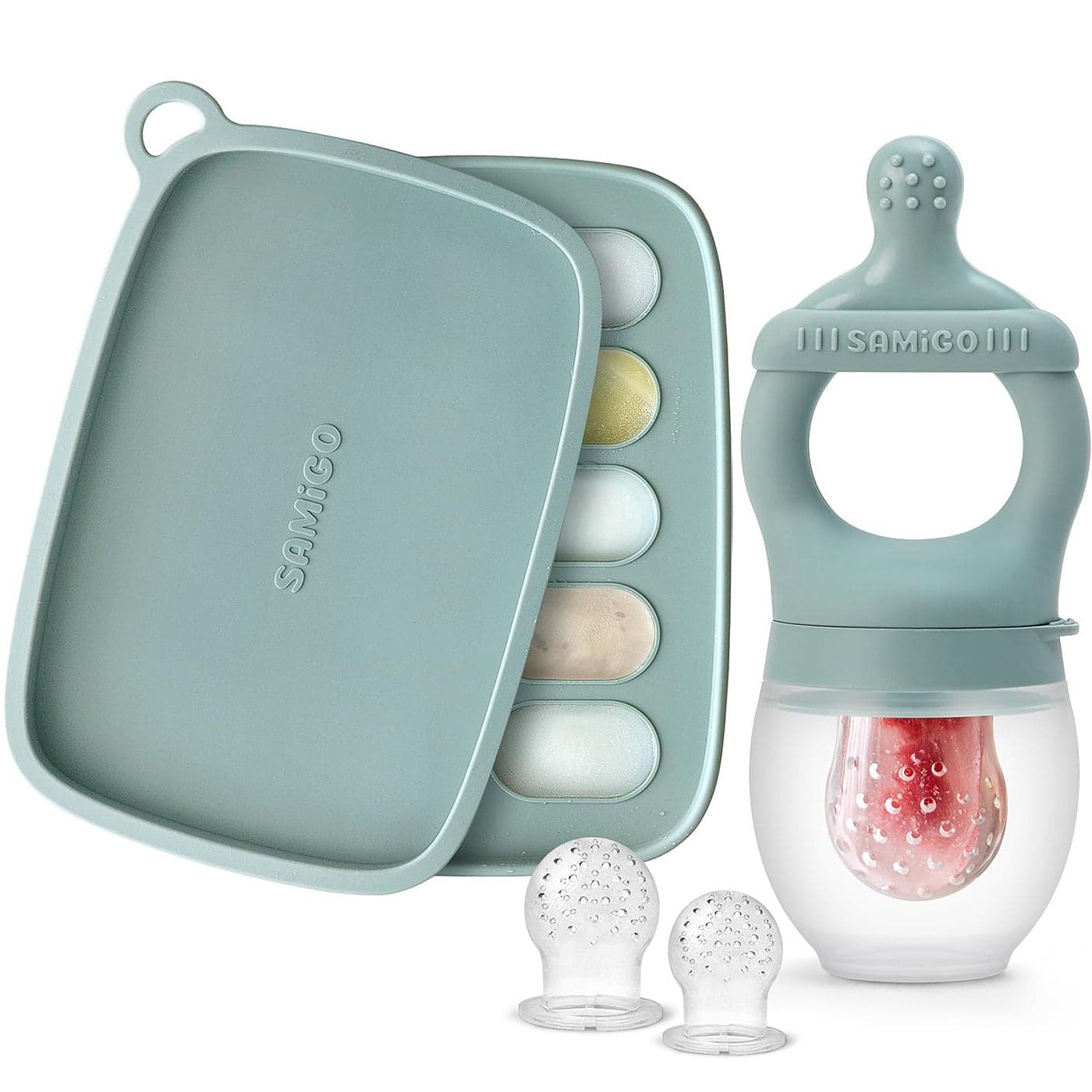 SAMiGO Baby Food Fruit Feeder and Breastmilk Popsicle Mold Set Silicone Fruit Teether Food Feeder Pacifier for Teething Relief Freezer Tray Baby Feeding Essentials 4 Months