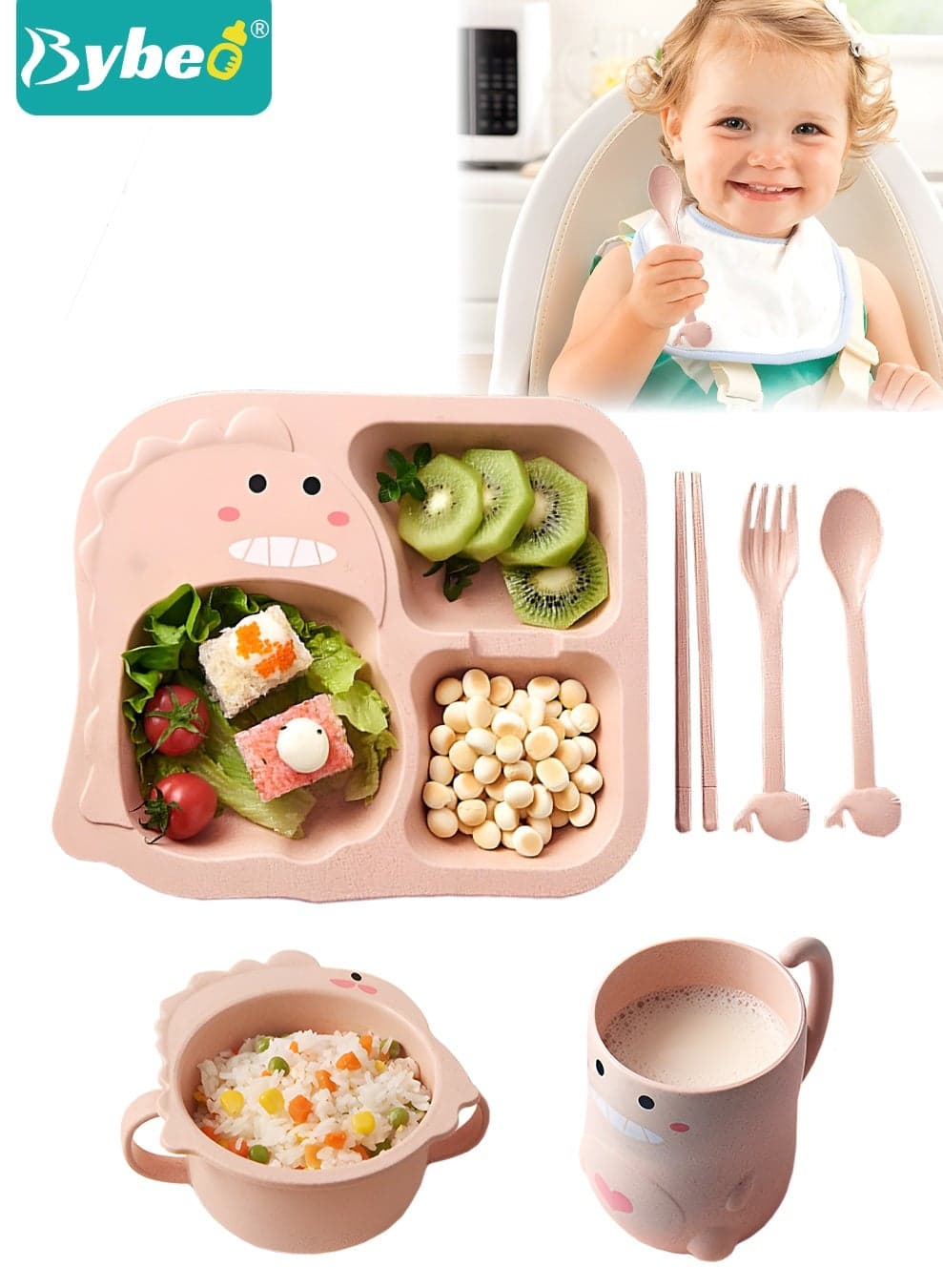 5 Pieces Baby Feeding Set, Baby Tableware, Infant Feeding Supplies, Led Weaning Set for Newborns, Baby Self Eating Utensils Set, Toddler Bowl with Suction, Silicone Plate, Drinking Training Cup, Spoon and Fork