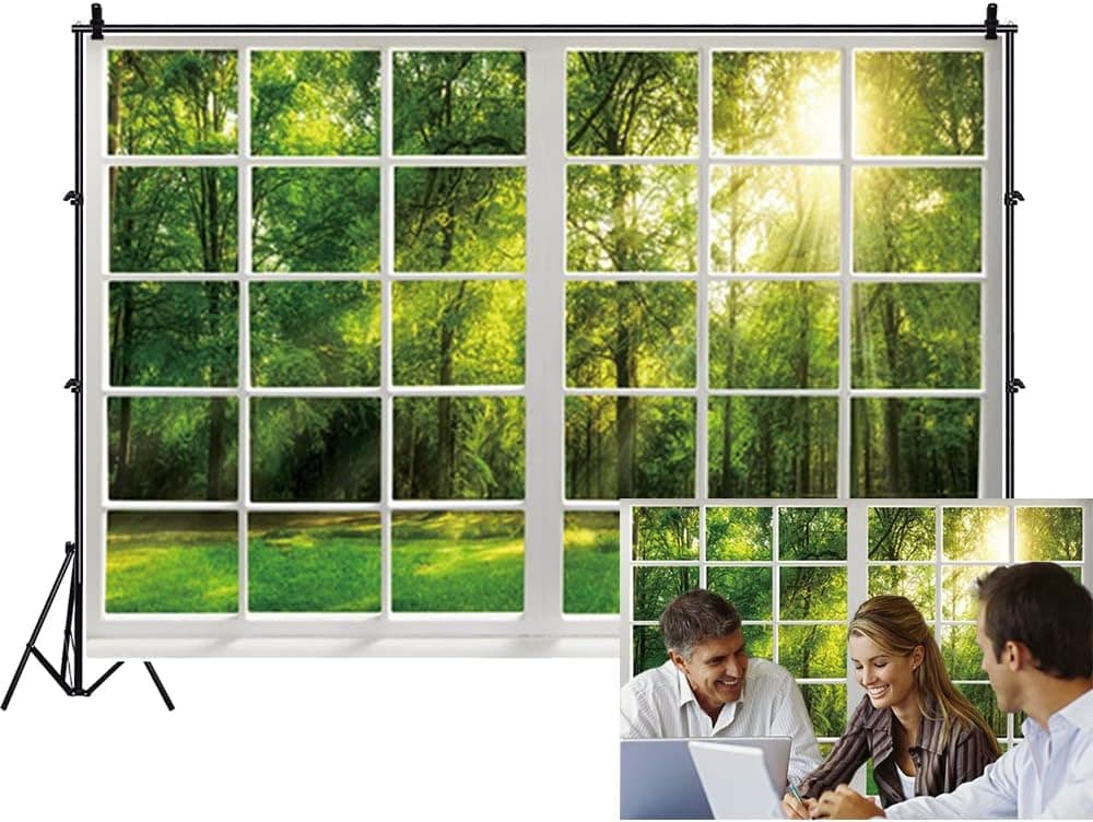 Renaiss 7x5ft Spring Window Scenery Backdrop Polyester White Window Sunshine Green Forest Trees Grass Natural Landscape Wonderland Photography Background for Wedding Baby Party Decor Photo Props
