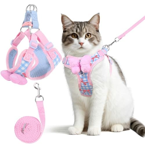 NCMAMA Cat Vest Harness and Leash Set for Walking Escape Proof, Adjustable Kitten Harness and Leash Set Breathable Mesh with Bow Harness for Kitty Puppy Bunny(Pink Small)