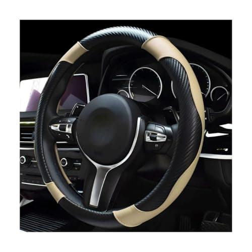 DXNQ Car Steering Wheel Cover 15 Inch Carbon Fiber Leather Stitching Color Steering Wheel Protector AntiSlip Elastic Breathable Steering Wheel Cover Stylish Decor for Most Cars Black Beige