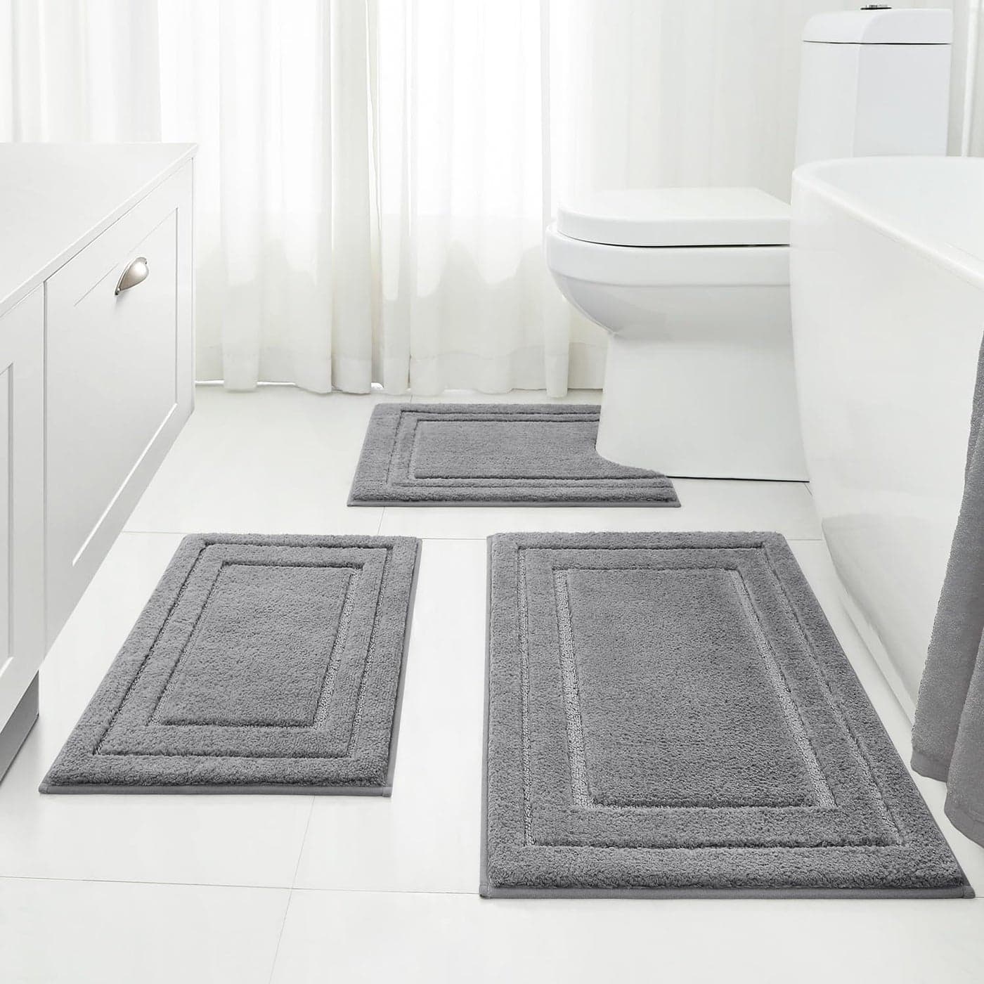 HOMEIDEAS Bathroom Rugs Sets 3 Piece Super Soft and Absorbent Non Slip Microfiber Toilet Bath Mat with UShaped Grey