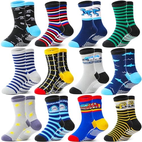 Welwoos Baby Boys Grips Socks Kids Toddlers Infants Non Slip Anti Skid Funny Animal Cartoon Gift Cotton Socks with Grippers 12 Pairs Stocking Stuffers (Dinosaur/Cars/Shark,3-5 Y)