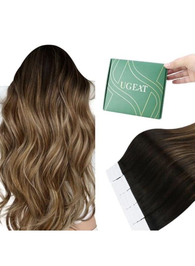 Ugeat Tape in Extensions Human Hair Light Brown Balayage Tape in Extensions Remy Human Hair Ombre Brown with Golden Blonde Easy Remove No Damage to Natural Hair for Halloween 16 Inch 20Pcs 50G