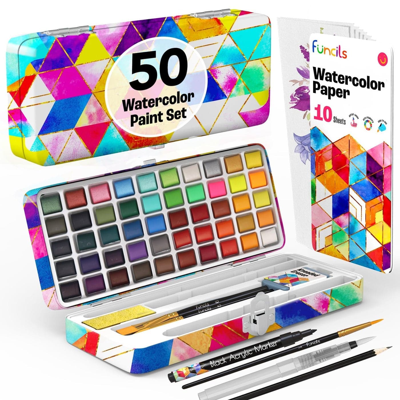 Funcils Watercolor Paint Set - 50 Travel Watercolors Set - Water Colors Paint for Adult, Kids, Beginners, Professional Artists | Watercolor Palette with Paper, Brush, Pen | Art Supplies for Adults