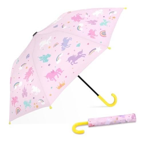 alldomess Kids Umbrella for Rain,Easy Open Windproof Compact Umbrella for Toddler Girls Boys,Durable & Portable, Ideal for Outdoor School Travel,Rainbow Unicorns