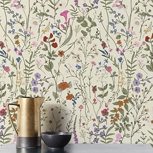 JiffDiff Wallpaper Self-Adhesive Blooming Vintage Colourful Flowers Wall Paper for Bedroom Living Room Cabinet, Peel and Stick Beige Sketch Little Flowers Wallpaper Mural 14.2 sq. feet (118.1"x17.3")