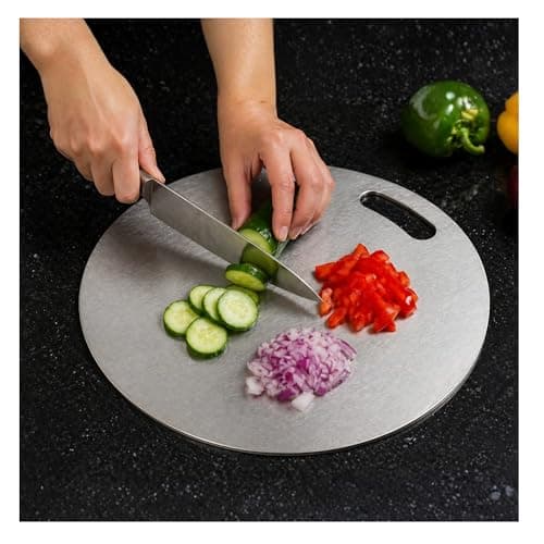 OrganizeMee Stainless Steel Chopping Board (Round, 31cm) - Heavy Duty Metal Cutting Board for Kitchen - Hygienic, Dishwasher Safe & Durable (1.5mm Thick)